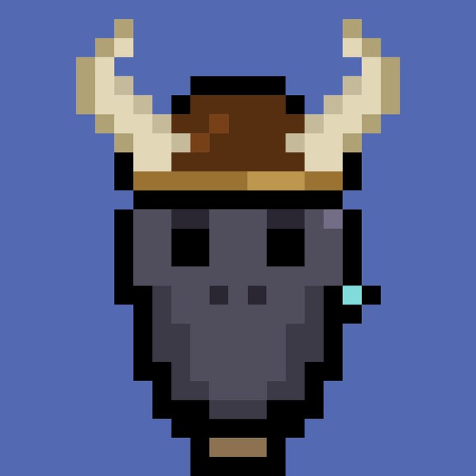 Pixel art of a horned helmet or mask on a dark body against a solid blue background.