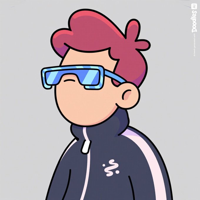 A digital illustration of a cartoon character with pink/red hair, blue visor sunglasses, and a dark zip-up jacket with a white logo on the chest, with 'Doodles AI' watermarked on the right side.