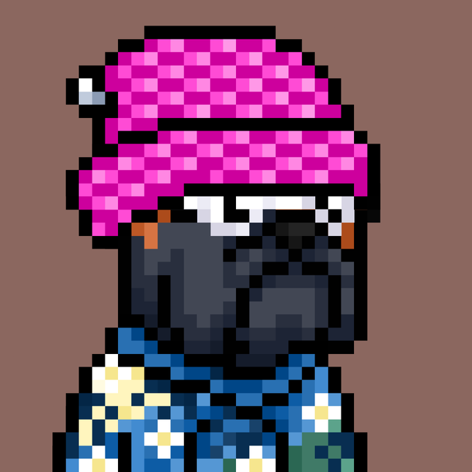 A pixel art character portrait showing a figure wearing a pink and magenta checkered bucket hat with reflective sunglasses, a dark face mask, and a blue patterned shirt.
