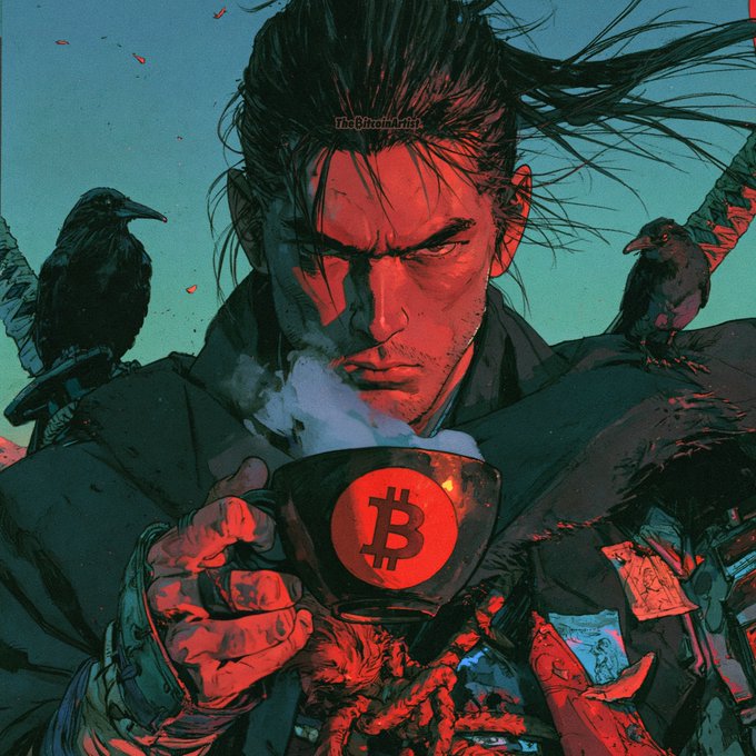 A dark, stylized comic illustration of a samurai holding a teacup with a Bitcoin logo, with ravens perched on his shoulders and the watermark 'TheBitcoinArtist'.