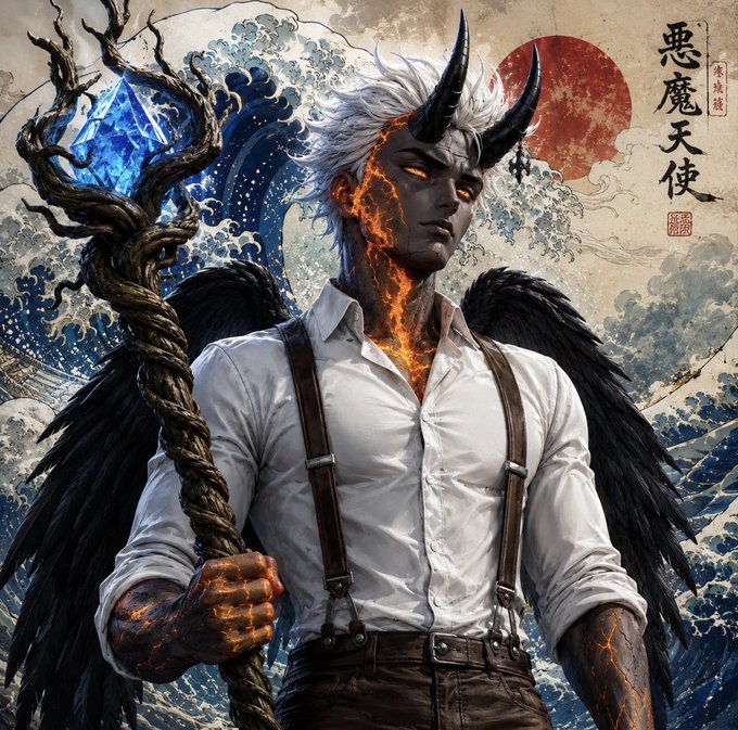 An anime-style illustration of a dark demon character with white hair, glowing orange cracked skin, black wings, and horns, holding a staff with a blue crystal, set against crashing waves and a red sun with Chinese characters '惡魔天使' (Demon Angel).
