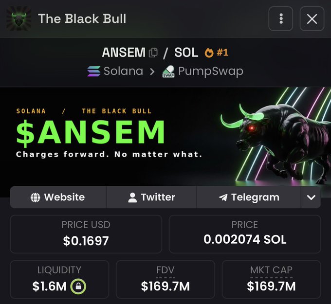 Cryptocurrency token page for $ANSEM on Solana via PumpSwap, showing a price of $0.1697 USD / 0.002074 SOL with $1.6M liquidity and a $169.7M market cap, branded 'The Black Bull' with the tagline 'Charges forward. No matter what.'