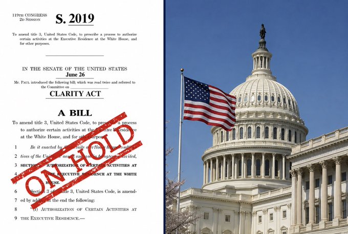 A composite image showing the U.S. Capitol building with the American flag on the right and an 'ON HOLD' stamp in red diagonally overlaid on what appears to be Senate bill S. 2019 text.