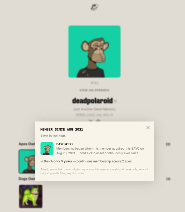 An OpenSea profile page for BAYC #133 owned by 'deadpolaroid', showing continuous membership for 5 years across 2 apes since August 2021.