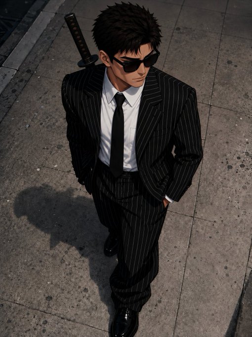 A 3D-rendered or video game character resembling Gendo Ikari from Neon Genesis Evangelion, wearing a pinstripe suit, sunglasses, and carrying a katana on his back, standing on a concrete sidewalk.