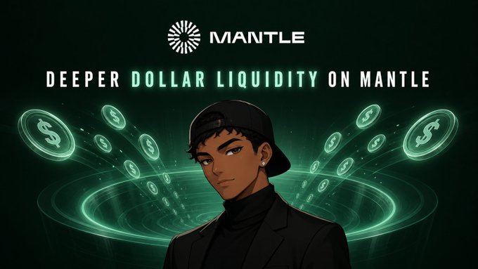 An illustrated character with floating dollar signs next to the text 'MANTLE: DEEPER DOLLAR LIQUIDITY ON MANTLE'.