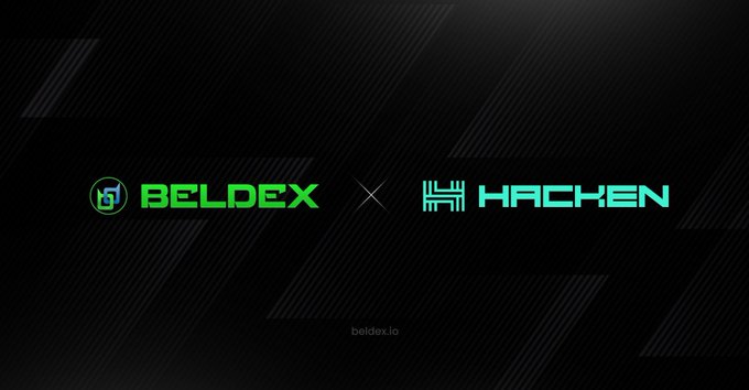 A dark promotional banner displaying a partnership between 'BELDEX' and 'Hacken' with a cross symbol between their logos and the website 'beldex.io' at the bottom.