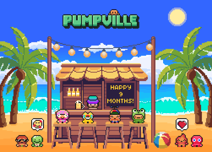 A pixel art illustration titled 'PUMPVILLE' celebrating 'HAPPY 9 MONTHS!' at a tropical beach tiki bar, with cartoon animal characters sitting at the counter and palm trees in the background.