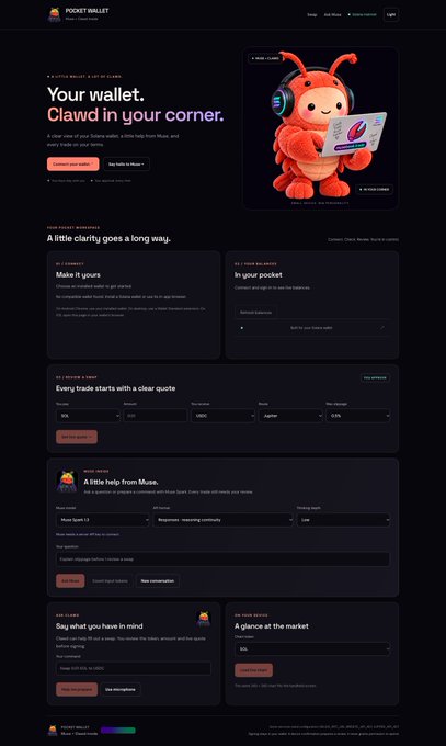 A screenshot of a 'Pocket Wallet' website featuring a red ant mascot with headphones, promoting crypto wallet services with sections for making it yours, deposits, trading swaps, and a music meme marketplace.