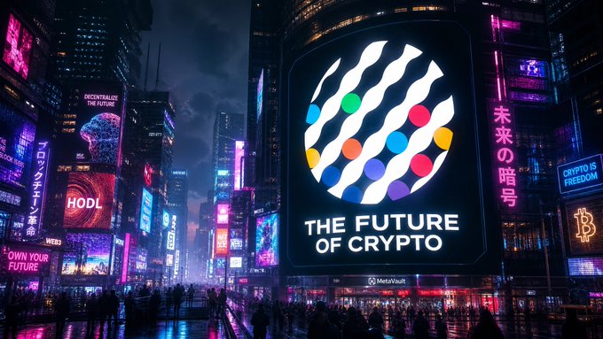 A cyberpunk-style cityscape at night with neon signs including 'HODL' and 'CRYPTO IS FREEDOM,' dominated by a large MetaVault billboard reading 'THE FUTURE OF CRYPTO' with a colorful dot logo.