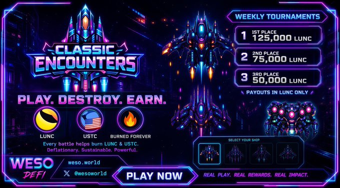 Promotional banner for "Classic Encounters" by WESO DeFi, a space shooter game featuring weekly tournaments with LUNC prizes (125,000/75,000/50,000 for 1st/2nd/3rd), with tokens including LUNC, USTC, and Burned Forever.