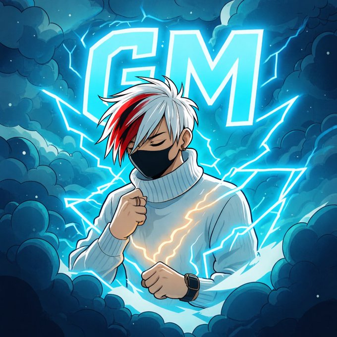 An anime-style illustration features a character with white and red hair wearing a black face mask and white turtleneck, surrounded by blue clouds and neon lightning bolts with a large 'GM' (Good Morning) graphic in the background.