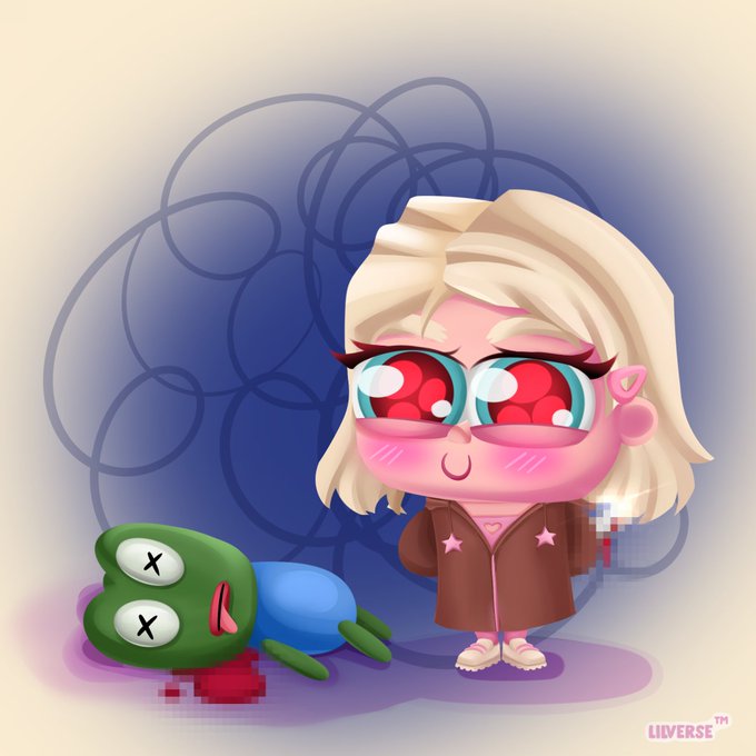 A chibi-style character with large red eyes and blonde hair stands over a defeated green creature with X-shaped eyes, with a blob of red near its head. The watermark "LIVERSE™" appears in the corner, suggesting this is promotional artwork for a free NFT mint, playfully hinting at the chaos involved in claiming it.