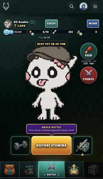 A mobile game screen showing an 'OG Zombie' character with stats (1,040 rating, 145/481 stamina) and options for feeding, fights, and quick battle.