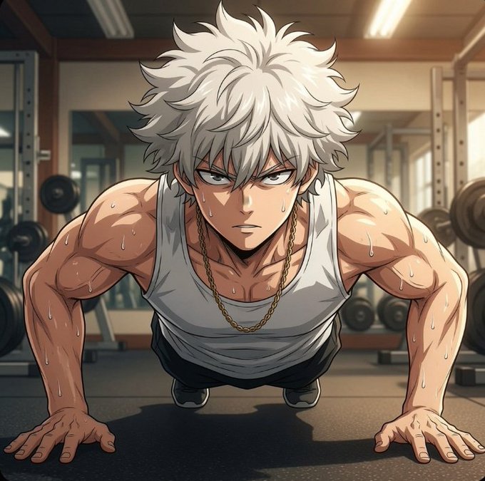 An anime-style illustration of a muscular character with spiky white hair, intense eyes, and a gold chain doing a push-up while sweating in a gym setting.