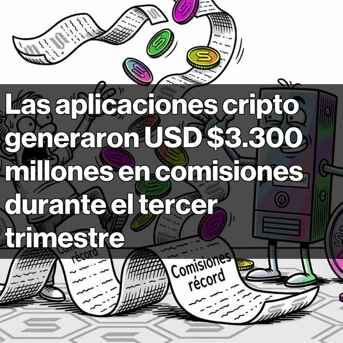 An illustration with overlaid Spanish text stating 'Las aplicaciones cripto generaron USD $3.300 millones en comisiones durante el tercer trimestre', depicting characters surrounded by coins and receipts reading 'Comisiones récord'.