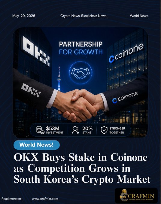 The image shows a logo for an OKX exchange, which is expanding its reach into South Korea's crypto market. The text on the image reads "Is OKX Expanding Its Reach in South Korea? The exchange’s reported Coinone stake reflects rising competition in Asia’s growing crypto ecosystem". This suggests that the exchange has been successful in gaining a stake in the South Korean market and is expanding its reach into this region.