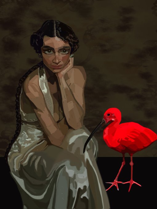 The image features a woman sitting down with her hand resting on her face, wearing a white dress that contrasts with the dark background. Next to her, there's an exotic bird with red feathers perched on its feet. The image also includes text that reads "Good morning Companion 4/5 ▪︎▪︎ 15 $XTZ".