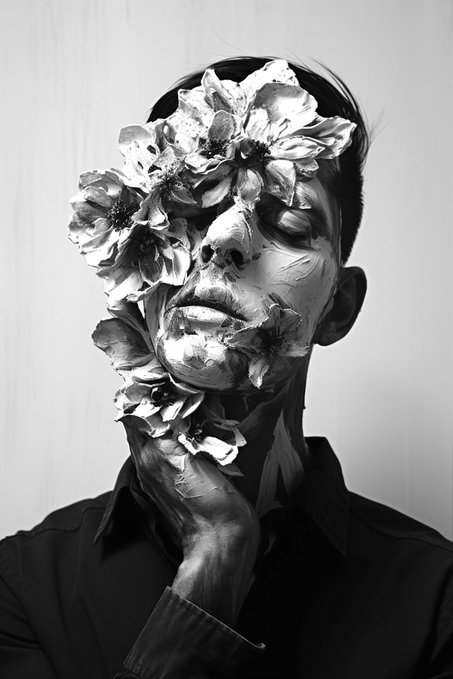 A black and white portrait shows a man's face and hand covered in flowers, with a contemplative, artistic atmosphere.