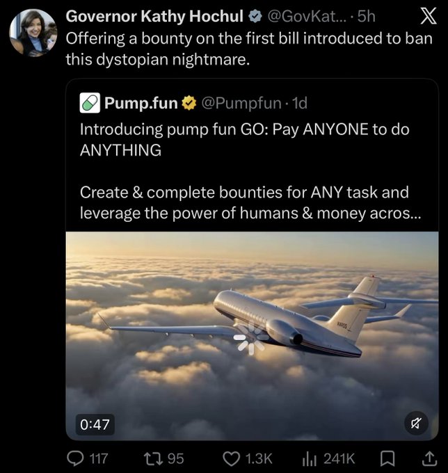 The image features a plane flying above a cloudy sky, with the text "This isn't exactly how I thought @Pumpfun would get the governments attention". In the image caption provided at the bottom of the post, there's some information about pump-fun and what they are offering for free to people.