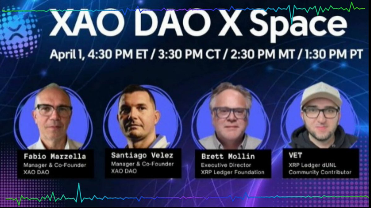 The image features a group of four men with glasses, each wearing a hat, standing against a blue background. They are all facing different directions, giving an impression that they might be attending or participating in a conference or event. The text on the image reads "Xao DaO X Space April 1 4:30 pm 3:30 pm 1:30 pm".