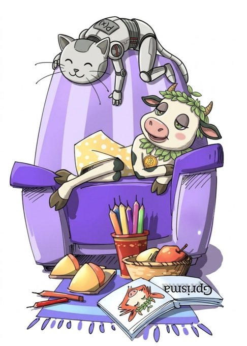 A cartoon illustration of a robot cat napping on top of a cow wearing a laurel wreath, sitting in a purple armchair surrounded by colored pencils, fruit, and an upside-down book titled 'Gristina'.