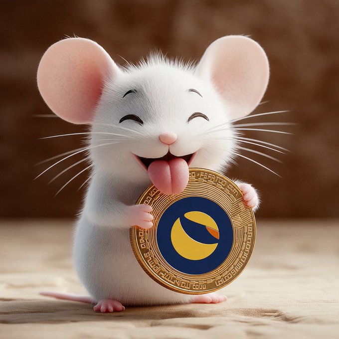 A 3D-rendered white mouse holds a gold cryptocurrency coin with a blue and yellow logo while sticking its tongue out happily.