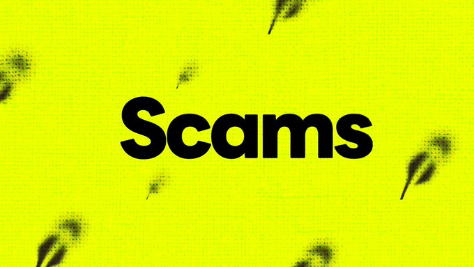 A bright yellow graphic with the word 'Scams' in bold black text.