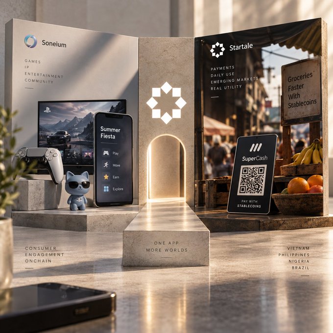 A promotional display for Soneium and Startale showcasing two app worlds side by side - 'Summer Fiesta' for consumer engagement (gaming/entertainment) and 'SuperCash' for stablecoin payments in emerging markets (Vietnam, Philippines, Nigeria, Brazil).
