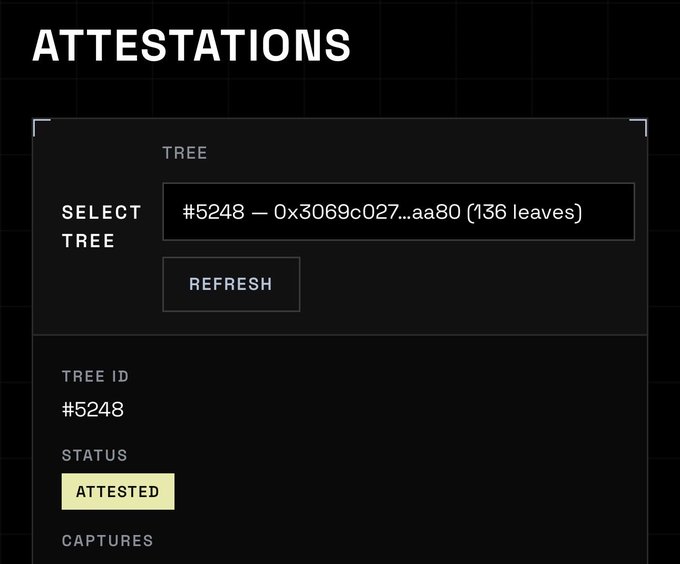 A dark-themed UI screen titled 'ATTESTATIONS' showing a selected tree '#5248 — 0x3069c027...aa80 (136 leaves)' with an 'ATTESTED' status.
