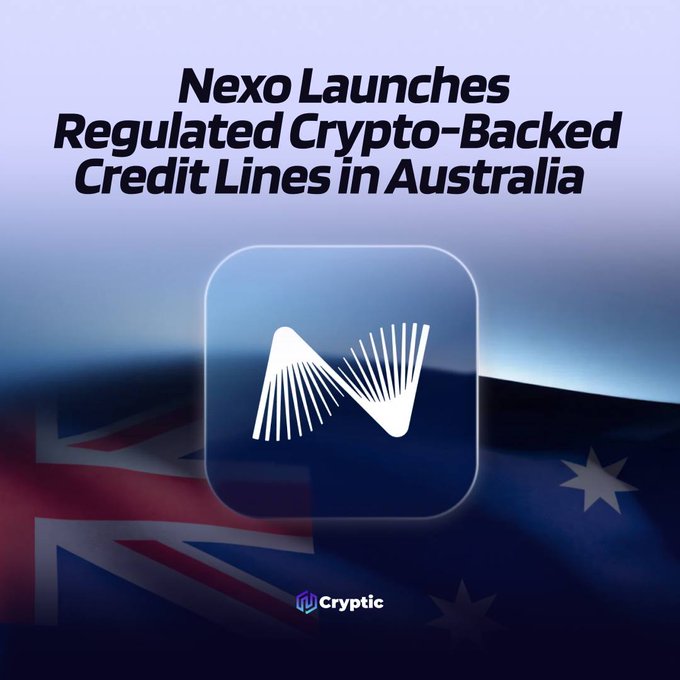 A Nexo logo icon sits centered against a stylized Australian flag, under the headline "Nexo Launches Regulated Crypto-Backed Credit Lines in Australia," with the Cryptic branding at the bottom. The graphic visually reinforces the news of Nexo expanding its regulated borrowing services to Australian customers, who can now access AUD or stablecoin loans against their crypto holdings.