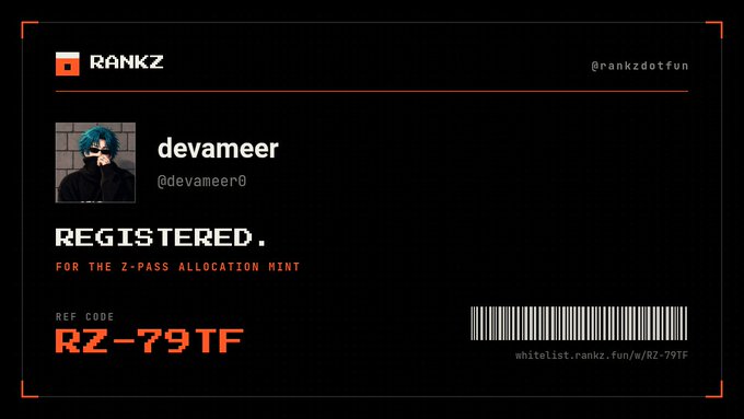 A digital registration card for RANKZ (@rankzdotfun) showing user 'devameer' (@devameer0) as registered for the Z-Pass Allocation Mint with reference code 'RZ-79TF' and a whitelist URL.