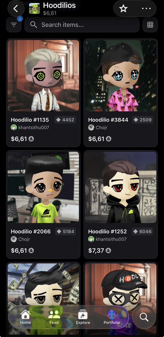 A mobile app screen for 'Hoodlios' showing a marketplace of cartoon character avatars for sale, with prices around $6.61 and $7.37.