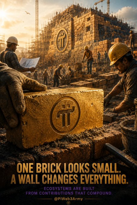 A motivational image showing construction workers building a large golden brick wall featuring a Pi cryptocurrency logo, with the text 'ONE BRICK LOOKS SMALL. A WALL CHANGES EVERYTHING. ECOSYSTEMS ARE BUILT FROM CONTRIBUTIONS THAT COMPOUND. @PiWeb3Army'.