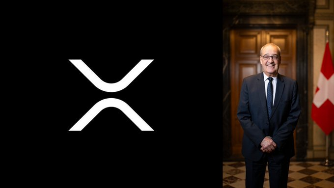 The image is split into two sections: on the left, a black panel displays the white XRP logo, and on the right, a man in a suit stands in front of a Swiss flag and an ornate wooden door. This visual pairs the XRP cryptocurrency symbol with an official Swiss setting to illustrate the news that Switzerland now offers a 0% capital gains tax on XRP.