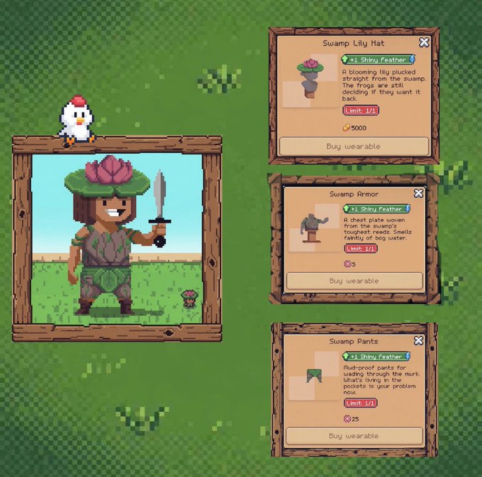 A video game screenshot displaying a shop menu for swamp-themed wearables, including "Swamp Lily Hat," "Swamp Armor," and "Swamp Pants," available to buy with "Shiny Feather" currency.