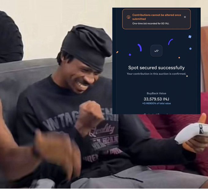 A young man in a black beanie and sweatshirt celebrates excitedly while holding a game controller, alongside a confirmation screen showing 'Spot secured successfully' for a 33,579.53 INJ buyback.