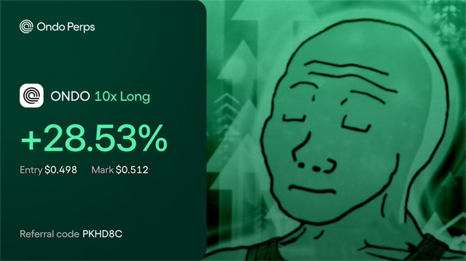 A green-themed trading card from OndoPerps displays a profitable 10x long position on $ONDO with a +28.53% gain (Entry $0.498, Mark $0.512) alongside the "Wojak Dreaming" meme, promoting the bullish case for ONDO's tokenized financial infrastructure tied to BlackRock.