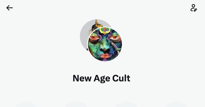 A Spotify-style app interface showing a circular profile image featuring a colorful, psychedelic face artwork, with the name "New Age Cult" displayed below it.