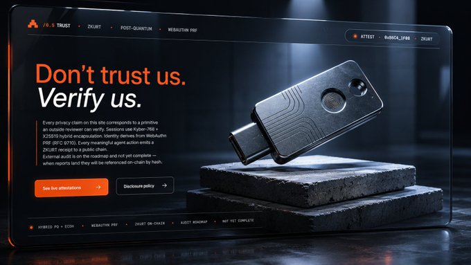The image shows a webpage with a black and orange color scheme against a dark background. The main focus of the image is an item, possibly a USB device or a keychain, placed near the center of the screen. Above this item, there is text that reads "Don't trust us. Verify us." This message likely directs viewers to consider whether they should trust a website or a product being sold and provides information on how to verify its authenticity.