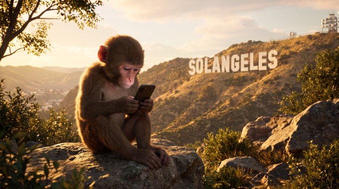 A young monkey sits on a rocky outcrop in the Hollywood Hills, intently staring at a smartphone, with the iconic "SOLANGELES" sign visible on the hillside behind it—playing on the caption's playful spelling of "Solangeles tomorrow."