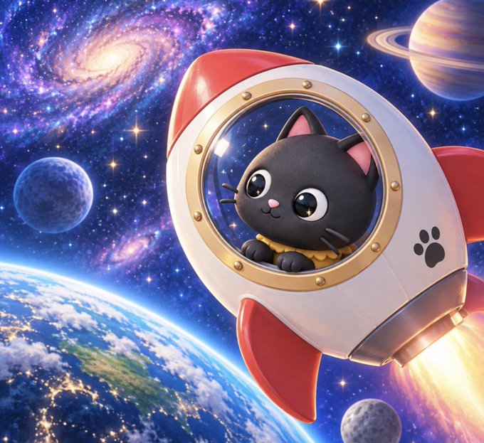 A whimsical 3D-style illustration of a cute black cat character inside a red and white rocket ship traveling through space, with planets, galaxies, and Earth visible in the background.