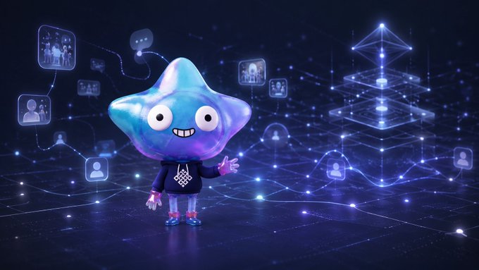 A 3D-rendered blue and purple star-shaped character wearing a dark hoodie stands in a dark space filled with floating profile icons and a glowing geometric blockchain-like structure.