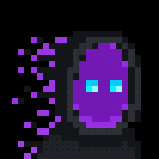 Pixel art of a purple hooded ghost with glowing cyan eyes against a black background.