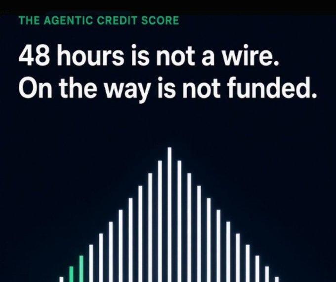 A dark infographic titled "THE AGENTIC CREDIT SCORE" stating "48 hours is not a wire. On the way is not funded." above a series of vertical bars forming a mountain shape.