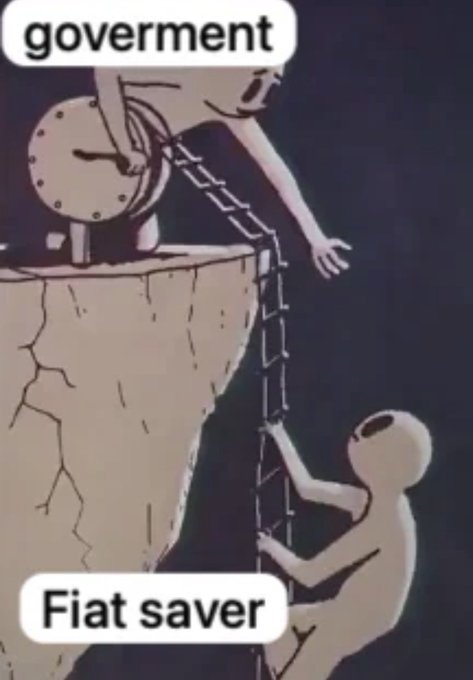 The image is a meme showing a figure labeled "government" sitting comfortably at the top of a cliff on a safe platform, while a white figure labeled "Fiat saver" dangles precariously on a ladder below, barely holding on. The accompanying post "Study Bitcoin" suggests the meme is criticizing fiat currency holders as being in a risky, unstable position compared to the protected status of those in power, implying Bitcoin offers a safer alternative.