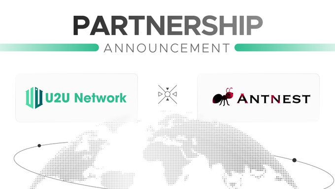 The image features a white banner that says "Partnership Announcement" written in green text at the top of the image. Below the banner, there are two logos - one for U2U Network and another for AntNest Global. The U2U network logo is located on the left side of the image, while the AntNest global logo is positioned on the right side. Both logos are in black color with white text.