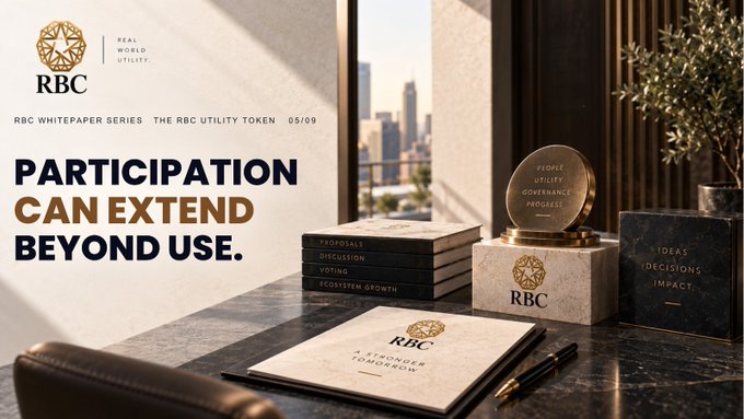 An RBC whitepaper series promotional image (05/09) titled "PARTICIPATION CAN EXTEND BEYOND USE" featuring The RBC Utility Token, with a desk scene showing books, a gold trophy labeled "RBC," and a notebook inscribed "A STRONGER TOMORROW."