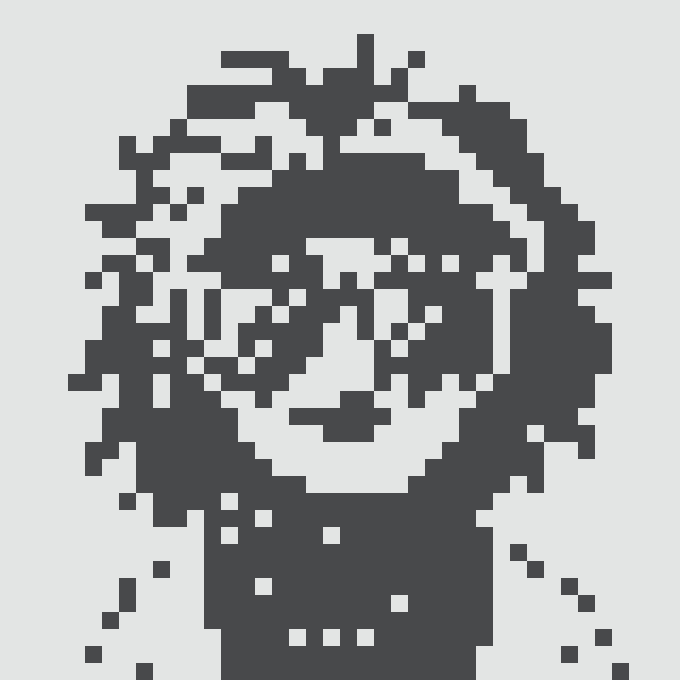 A black and white pixel art portrait of a person with curly hair and glasses smiling.
