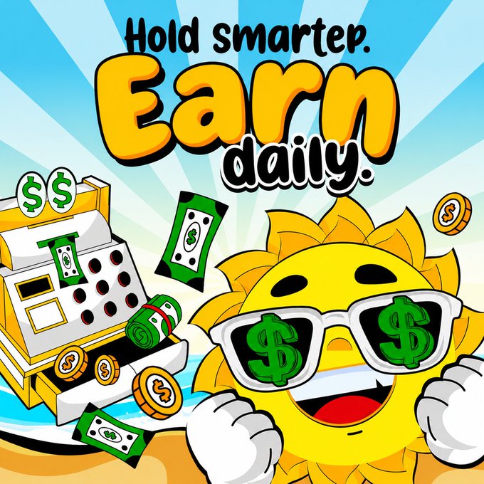 A cartoon sun wearing dollar-sign sunglasses smiles alongside a cash register spewing money, bills, and coins, with the text "Hold smarter. Earn daily." displayed at the top. The image's financial and early-investment themes complement the post's pitch for the hidden gem $SUMMER token with USDT rewards.
